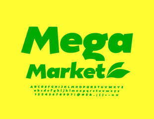 Vector promo poster Mega Market.  Green creative Font. Modern Alphabet Letters and Numbers