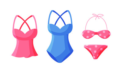 Swimwear set. Tank top and swimsuits. Summer vacation objects cartoon vector illustration
