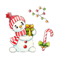 A snowman with a gift and a candy. New Year's watercolor illustration on a white background.