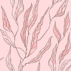 Seamless soft pink pattern with large long leaves on a square background. The vertical direction of the drawing
