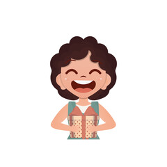 Happy girl holding a gift in her hands. Drawing in a flat style. Vector.