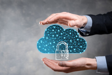 Cloud technology. Polygonal wireframe cloud storage sign with padlock on dark blue. Cloud...