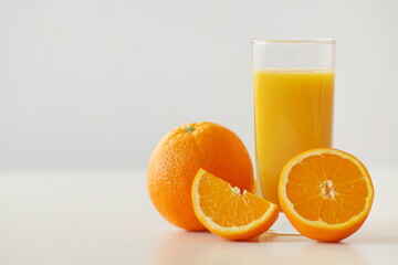 A horizontal photo showing a glass of freshly squeezed orange juice and fresh and juicy oranges themselves - whole, half and quarter. Energizing, enriched with vitamin C, the perfect start to the day 