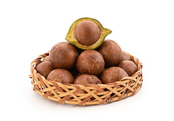 Macadamia fruits isolated on white background.