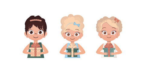 Set of happy baby girls who are holding a gift. Drawing in cartoon style. Vector.