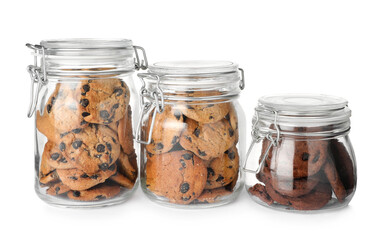 Jars of chocolate chip cookies on white background