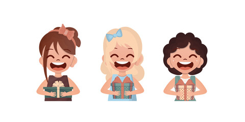 Set of happy baby girls who are holding a gift. Drawing in cartoon style. Vector.