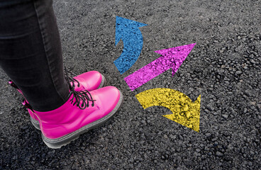 woman legs in boots standing on road with three direction arrow choices, left, right or move...