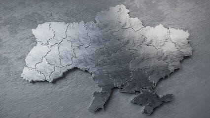 Map of Ukraine made of shiny metal or iron. Concept of russia war against Ukraine, military conflict, invasion, killing civilians. 3D render