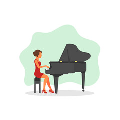 Female pianist playing piano simple flat vector character illustration.