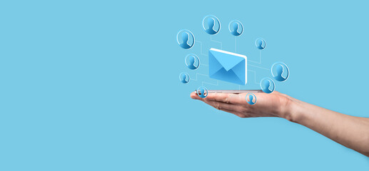 Email and user icon,sign,symbol marketing or newsletter concept, diagram.Sending email.Bulk mail.Email and sms marketing concept. Scheme of direct sales in business. List of clients for mailing.