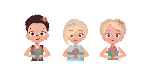 Set of happy girls who are holding a gift. Drawing in cartoon style. Vector illustration.