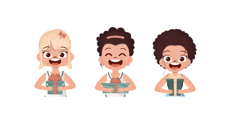 Set of happy girls who are holding a gift in their hands. Drawing in cartoon style. Vector.