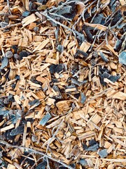 a pile of wood chips unsorted outside on a riding range