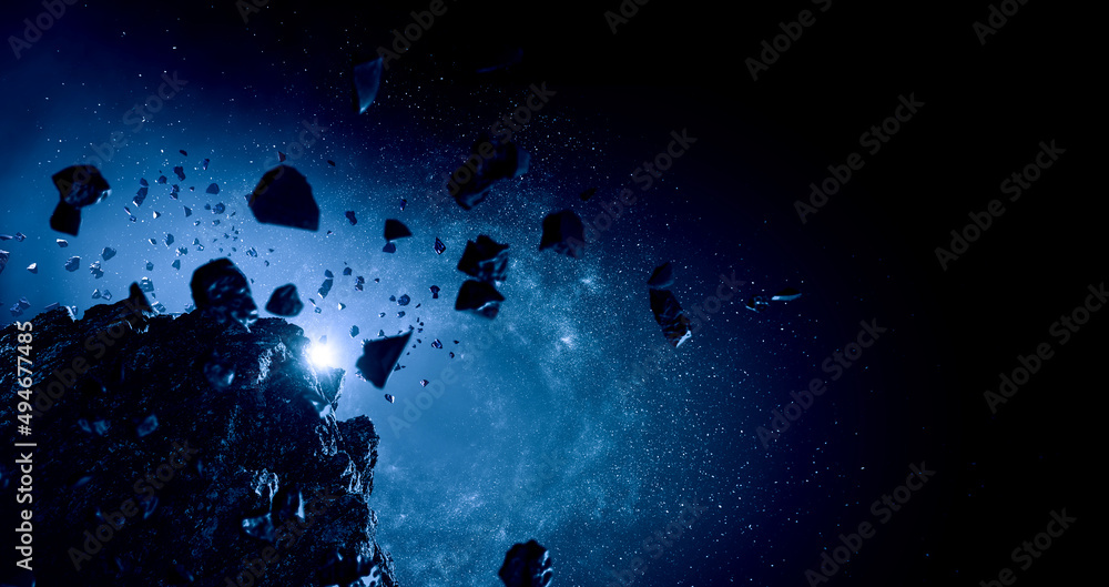 Wall mural image of outer space with asteroids . mixed media