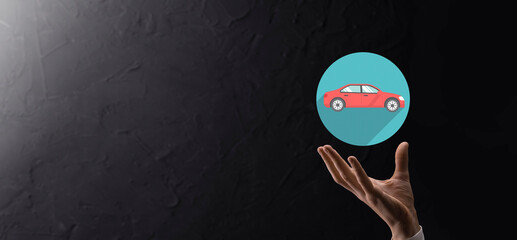 Digital composite of Man holding car icon.Car automobile insurance and car services concept....