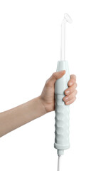 Woman with darsonval on white background, closeup