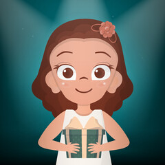 The child received a gift. Happy girls child holding a gift box with a bow. Vector.