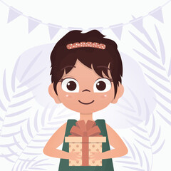The child received a gift. Happy girls holds a gift box with a bow in her hands. Vector.