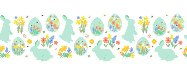 Fototapeta na wymiar Easter horizontal seamless border pattern. Cute floral easter rabbit bunny eggs spring flowers. Eggs hunt repeated border. Cute easter rabbits on meadow floral background. Spring vector illustration.