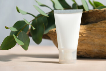 Blank moisturizer tube mockup. Cosmetics container and eucalyptus twig.