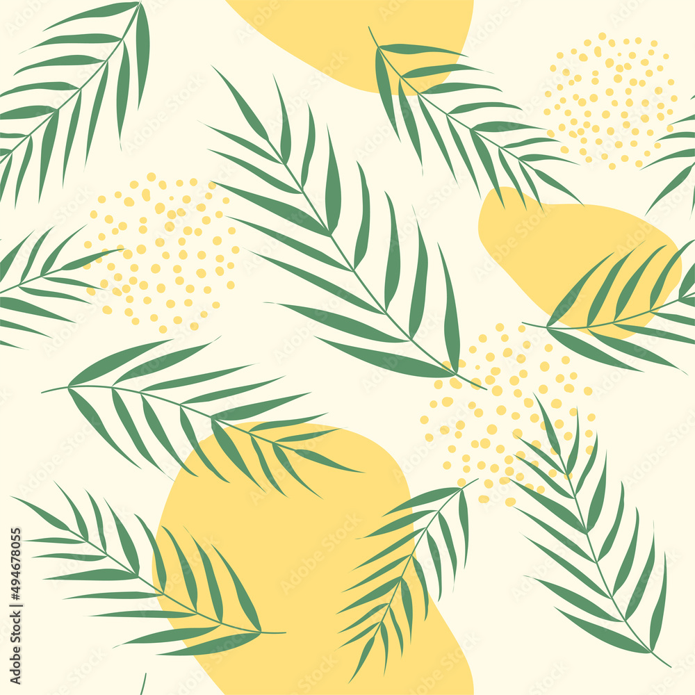 Wall mural vector seamless pattern with palm leaves. abstract floral summer yellow background for print design,