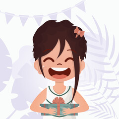 The child received a gift. Joyful girls is holding a gift box. Vector illustration.