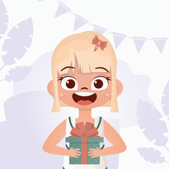 The child received a gift. Joyful girls child holding a gift box. Vector illustration.