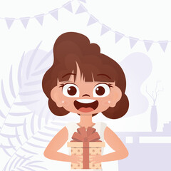 The child received a gift. Joyful girls child holds a gift box with a bow in her hands. Vector.