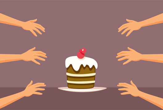 Hands Rushing to Grab Cake Vector Cartoon Illustration