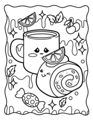Kawaii coloring page. A cup of tea and a delicious cute roll. Black and white illustration.