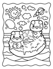 Kawaii coloring page. 2 cute pigs swim on donut. Sweets. Coloring book. Black and white illustration. - obrazy, fototapety, plakaty