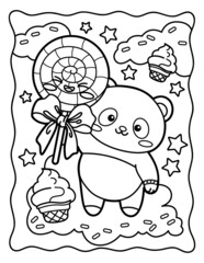 Kawaii coloring page Cool panda with big lollipop. Sweets. Coloring book. Black and white illustration.