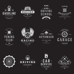 Naklejka premium Car service logos templates set. Vector objects and icons for garage labels, car badges, repairs logos design, emblems graphics. Whel silhouettes, piston symbols.