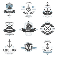 Nautical logos templates set vector objects and icons for marine labels, sea badges, anchor logos design, emblems graphics. Ship silhouettes, anchor symbols.