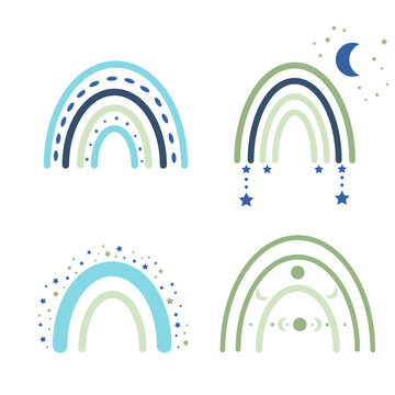 Celestial rainbow set. Cute rainbows in blue and creamy pastel colors with stars, moon. Perfect for baby designs, clothes print, decoration