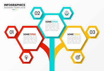 Infographic template with icons and 3 options or steps. Hexagon