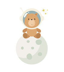 Cute Bear in the space. Cartoon style. Vector illustration. For kids stuff, card, posters, banners, children books, printing on the pack, printing on clothes, fabric, wallpaper, textile or dishes.
