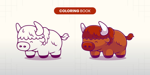 hand drawn cute bison illustration coloring book for children to fill in © Cikiz