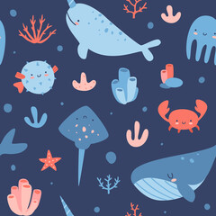 Underwater animals and plants dark blue pattern. Seamless marine vector print for textile and apparel.