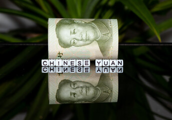 Mote alphabet blocks arranged into "Chinese Yuan" on banknote background.