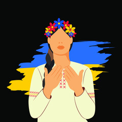 Pray for Ukraine, Ukraine woman praying concept vector illustration. Pray For Ukraine peace. No war in Ukraine 