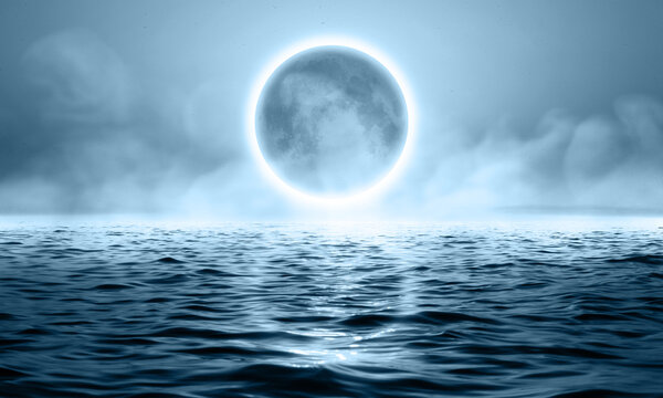 Full Moon Over Sea Surface Water Reflection Seascape Landscape. Blue Moon with Calm Water Flow. Beautiful Tranquil Abstract 