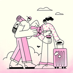 Illustration for website banner or presentation slide. Two characters with suitcases are looking for a way on the map. Linear illustrations people travel the world, move or relocate. One color - pink 