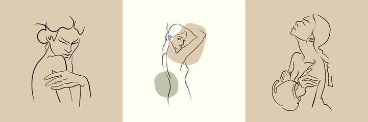 Refined delicate silhouette of a girl. Fashion illustration in a linear style. Surreal faces. Logo for business in the beauty industry, spa, health, personal care, massage, make-up artist, stylist.
