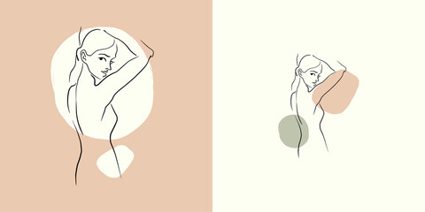 Refined delicate silhouette of a girl. Fashion illustration in a linear style. Surreal faces. Logo for business in the beauty industry, spa, health, personal care, massage, make-up artist, stylist.