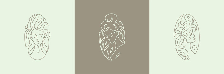 Modern abstract portrait. Logo for business in the beauty industry, spa, health, massage parlor, cosmetics, personal care. Linear stylized image of a girl's face in leaves. Forest nymph. Smooth lines