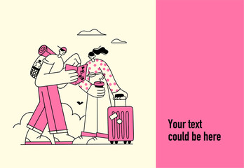 Illustration for website banner or presentation slide. Two characters with suitcases are looking for a way on the map. Linear illustrations people travel the world, move or relocate. One color - pink 