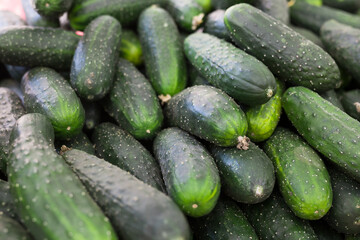 cucumbers on market counter in wicker basket