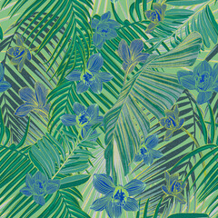 Materiał do szycia Beautiful bright orchids surrounded by lush tropical plants. Bright neon exotic colors.Printable seamless eye-catching bold patterns for graphic design, pattern surface, wallpaper, t-shirt and apparel